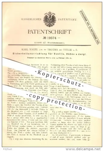 original Patent - Karl Nagel Jun. in Trotha bei Halle a. S. , 1882 , Sicherheitsvorrichtung für Ventile, Hähne u. a. !!!