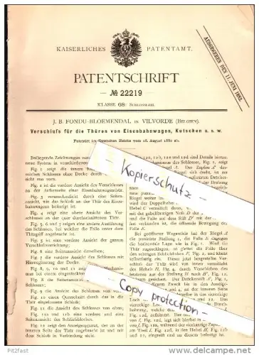 Original Patent - J.B. Fondu-Bloemendal in Vilvorde , 1882 ,Verschluss für Türen von Eisenbahn und Kutschen , Vilvoorde