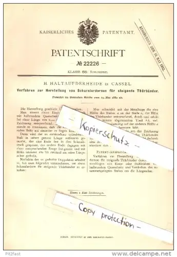 Original Patent - H. Haltaufderheide in Cassel , 1882 , Herstellung von Scharnierdornen , Kassel !!!