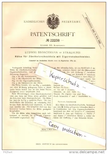 Original Patent - Ludwig Broschmann in Stralsund i. Mecklenburg , 1882 , Zündholzschachtel mit Cigarrenabschneider !!!