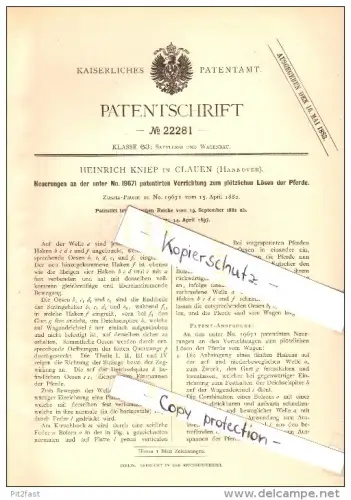 Original Patent - Heinrich Kniep in Clauen b. Hohenhameln , 1882 , Lösevorrichtung für Pferde , Hannover !!!