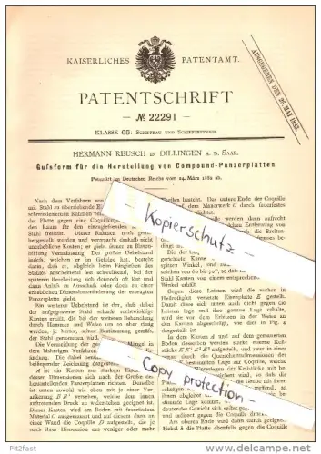 Original Patent - Hermann Reusch in Dillingen a.d. Saar , 1882 , Herstellung von Compound-Panzerplatten   !!