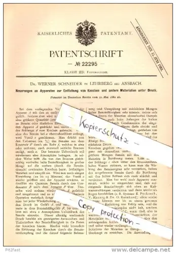 Original Patent - Dr. Werner Schneider in Lehrberg b. Ansbach , 1882 , Apparat zur Entfettung von Knochen !!!