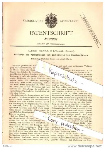 Original Patent - Albert Snoeck in Ensival b. Verviers , 1882 , Carbonisieren von Gespinnstfasern , Gewebe !!!