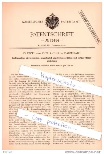 Original Patent  - IG. Dickl und V. Aicher in Darmstadt , 1892 , Kraftmaschine mit Kolben , Maschinenbau !!!