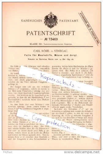 Original Patent  -  Carl Rösel in Striegau / Strzegom , 1893 , Falle für Maulwürfe, Mäuse , Maulwurf !!!
