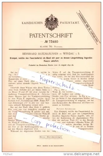 Original Patent  - Bernhard Hufenhäusser in Werdau i. S. , 1893 ,  Krempel , Spinnerei !!!