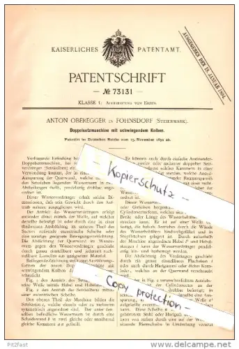 Original Patent - Anton Oberegger in Fohnsdorf , Steiermark , 1892 , Setzmaschine mit schwingendem Kolben , Murtal !!!