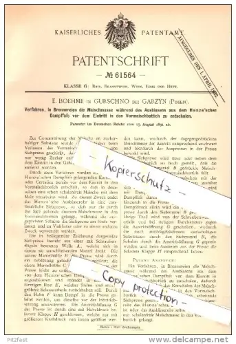Original Patent - E. Boehme in Gurschno bei Garzyn , Posen , 1891 , Apparat für Maische , Brennerei , Brauerei , Alkohol