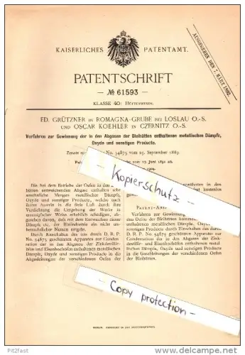 Original Patent - E. Grützner in Romagna-Grube b. Loslau / Wodzislaw Slaski und O. Koehler in Czernitz O.-S. , 1891 !!!