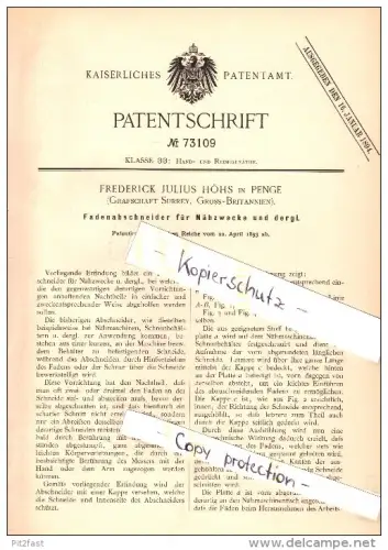 Original Patent - F.H. Höhs in Penge , Surrey , 1893 , Thread trimmer, sewing , London !!!