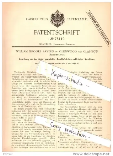 Original Patent - W.B. Sayers in Glenwood b. Glasgow , 1892 , anchor for electrical machines , motor , Scotland  !!!