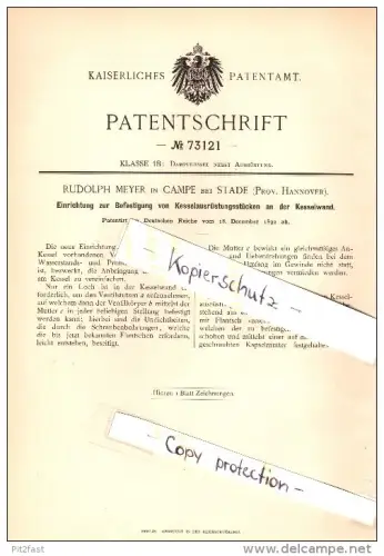 Original Patent - Rudolph Meyer in Campe bei Stade , 1892 , Einrichtung für Dampfkessel , Dampfmaschine , Hannover  !!!