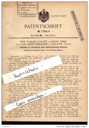 Original Patent - E. Clausen in Nörre Nebel und C.Heilmann in Skaelskör , 1902 , Linoleum - Herstellung , Skælskør !!!