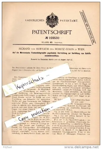 Original Patent - Richard von Horvath und Moritz Cohn in Wien , 1898 , Marconische Telegraphie für Schiffe , telegraphy