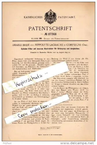 Original Patent - A. Bride et H. Lachaume à Compiegne , Oise , 1895 , Filtre pour sirop , usine de sucre !!!