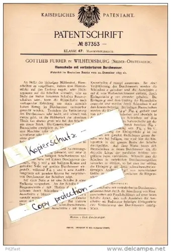 Original Patent - Gottlieb Furrer in Wilhelmsburg , Niederösterreich , 1895 , veränderbare Riemenscheibe , Maschinenbau
