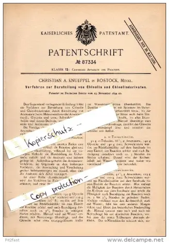 Original Patent -  Christian Knueppel in Rostock i. Mecklenburg , 1894 , Darstellung von Chinolin , Chemie  , Labor !!!
