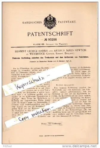 Original Patent - A. Newton in Weybridge , Surrey ,1896 , Connection of the pedal crank and chain wheel , bicycle !!!