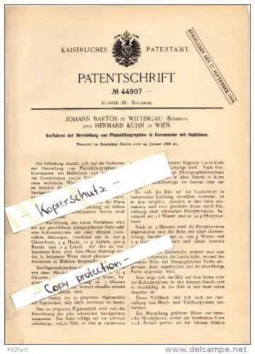 Original Patent -J. Bartos in Wittingau / Trebon ,1888, Herstellung von Photo - Litographie , Druckerei ,H. Kühn in Wien