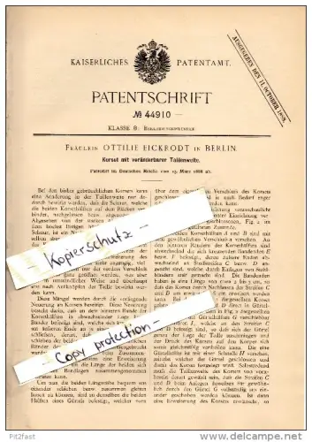 Original Patent - Ottilie Eickrodt in Berlin , 1888 , corset , Korsett !!!