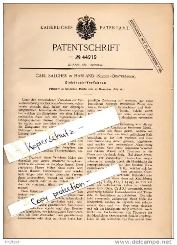 Original Patent - Carl Salcher in Harland / St. Pölten , 1887 , Zinkdruck , Druckerei , Zink , Buchdruck !!!