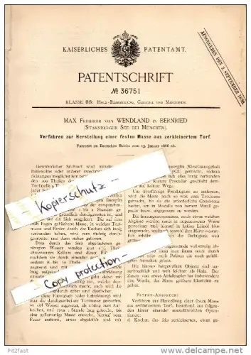 Original Patent - Max Freiherr von Wendland in Bernried / Starnberger See , 1886 , Masseherstellung aus Torf , München !
