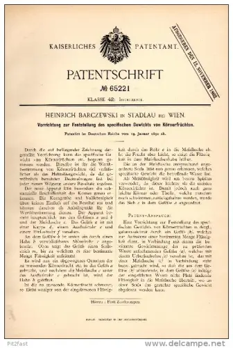 Original Patentschrift - Heinrich Barczewski in Stadlau b. Wien , 1892, Meßapparat für specifisches Gewicht bei Früchten