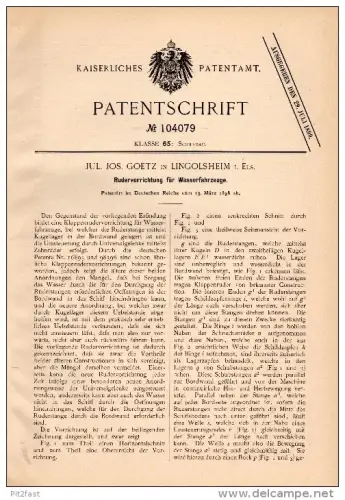 Original Patentschrift - Jos. Goetz dans Lingolsheim i. Elsass , 1898 , Dispositif de Rudder pour bateaux !!!