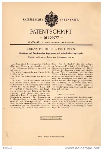 Original Patentschrift - Johann Pistorius in Püttlingen , 1898 , Kugellager mit feststehenden Kugeltassen , Maschinenbau