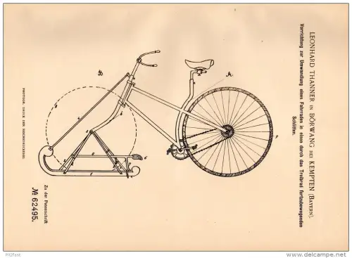 Original Patentschrift - L. Thanner in Börwang b. Haldenwang , 1891 , Fahrrad - Schlitten , bicycle , Kempten !!!