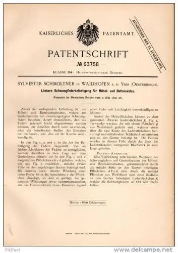 Original Patentschrift -  S. Schmoltner in Waidhofen a.d. Ybbs , 1891 , Möbel - Schwungfederbefestigung , Bett !!!