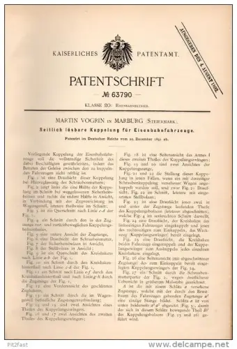 Original Patentschrift - Martin Vogrin in Marburg , Steiermark , 1891 , Kupplung für Eisenbahn , Maribor !!!