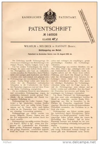 Original Patentschrift - Wihelm von Neudeck in Rastatt , 1902 , Dichtungsring aus Metall , Leitung , Metallbau !!!