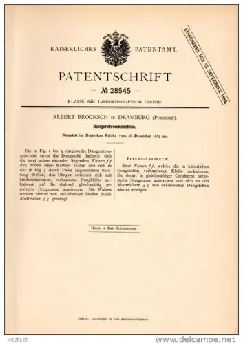 Original Patentschrift - A. Brocksch in Dramburg i. Pommern , 1883 , Düngerstreumaschine , Drawsko Pomorskie !!!