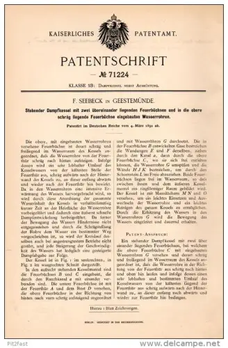 Original Patentschrift - F. Seebeck in Geestemünde , 1892 , Dampfkessel mit Feuerbüchsen , Dampfmaschine , Bremerhaven !