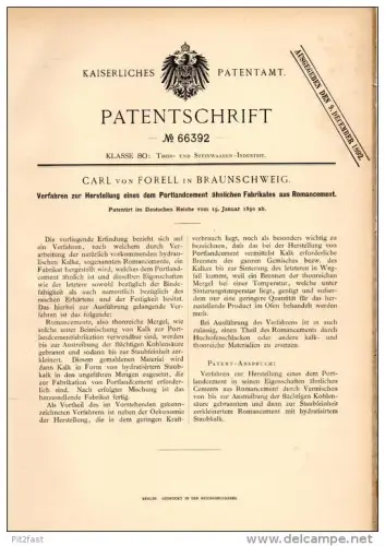 Original Patentschrift - Carl von Forell in Braunschweig , 1890 , Herstellung von Cement , Portland , Zement , Kalk !!!