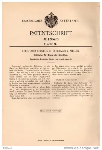 Original Patentschrift - E. Reineck in Seelbach b. Siegen , 1902 , Stielhalter für Besen und Schrubber , Reinigung !!!