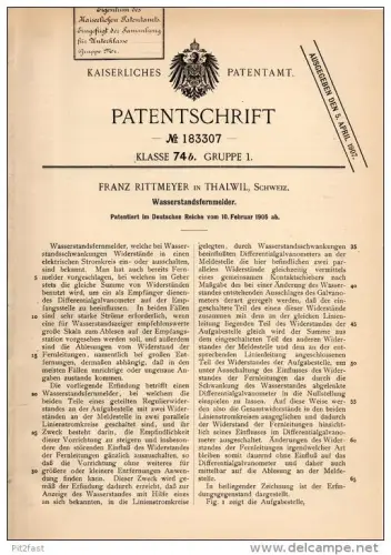 Original Patentschrift - F. Rittmeyer in Thalwil , 1905 , Wasserstandsfernmelder , Wasserwerk , Wasser !!!