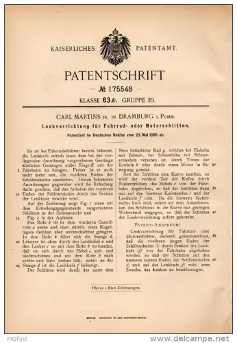 Original Patentschrift - C. Martins in Dramburg i. Pomm., 1905 , Lenkung für Motorschlitten , Drawsko Pomorskie !!!