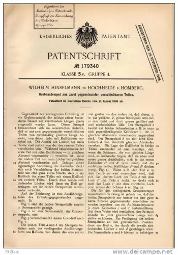 Original Patentschrift - W. Hinselmann in Hochheide b. Homberg , 1906 , Grubenstempel , Grube , Bergbau !!!
