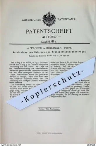 original Patent - A. Wagner , Böblingen , Württemberg | 1900 | Reinigen von Transportschneckentrog | Transport Schnecken