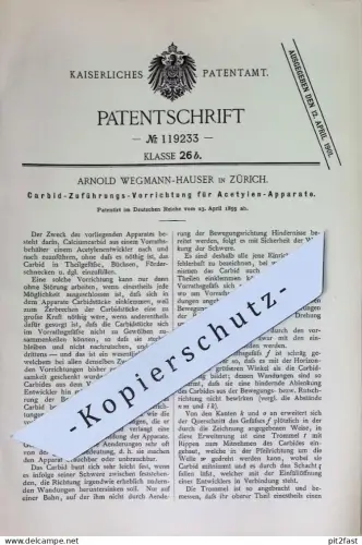 original Patent - Arnold Wegmann-Hauser , Zürich , Schweiz | 1899 | Carbid - Zuführung für Acetylenentwickler | Karbid