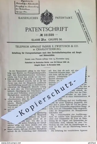 original Patent - Telephon Apparat Fabrik E. Zwietusch & Co. Berlin / Charlottenburg | 1906 | Fernsprechanlagen Schalter
