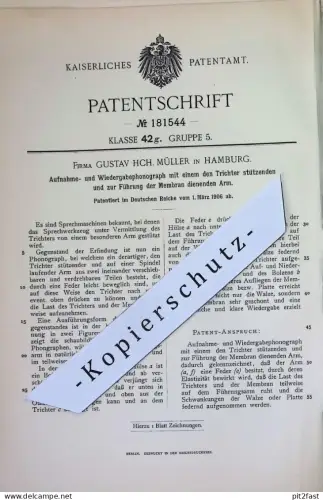 original Patent - Firma Gustav Hch. Müller , Hamburg | 1906 | Phonograph für Aufnahme & Wiedergabe | Sprechmaschine !!!