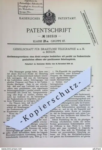 original Patent - Drahtlose Telegraphie GmbH Berlin | 1904 | Sendeleiter | Marconi - Sender | telegraphy , Telegraph !!