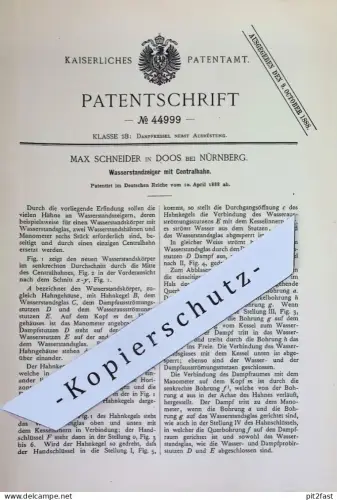 original Patent - Max Schneider , Doos / Nürnberg | 1888 | Wasserstandzeiger mit Zentralhahn | Dampfkessel Wasserkessel