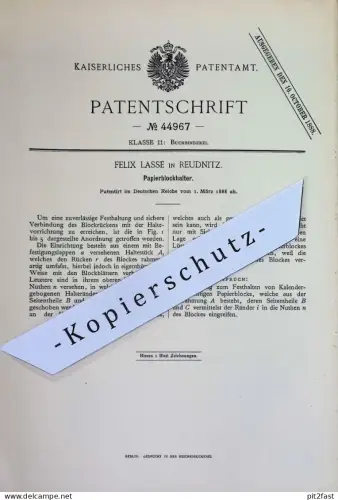 original Patent - Felix Lasse , Reudnitz | 1888 | Papierblockhalter | Papierblock - Halter | Kalender Notizblock Papier