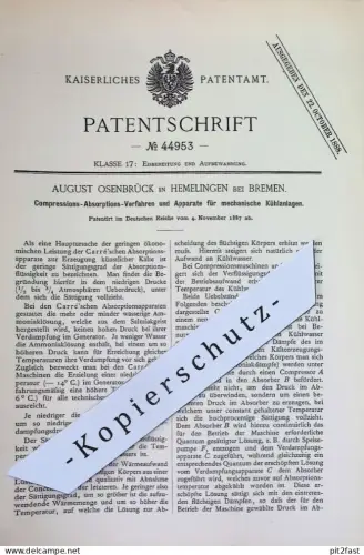 original Patent - August Osenbrück , Hemelingen Bremen | 1887 | Kompression , Absorption | mechan. Kühlanlage | Kühlung