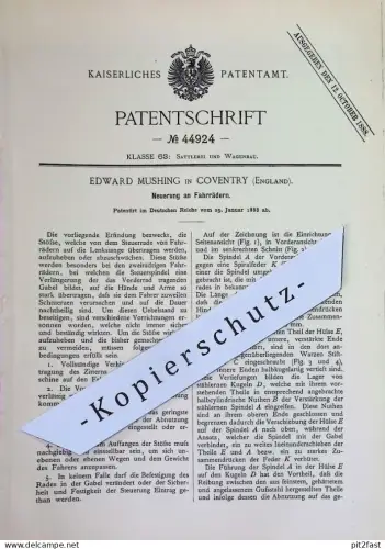 original Patent - Edward Mushing , Coventry , England | 1888 | Fahrräder | Fahrrad | Lenkstange , Lenkung